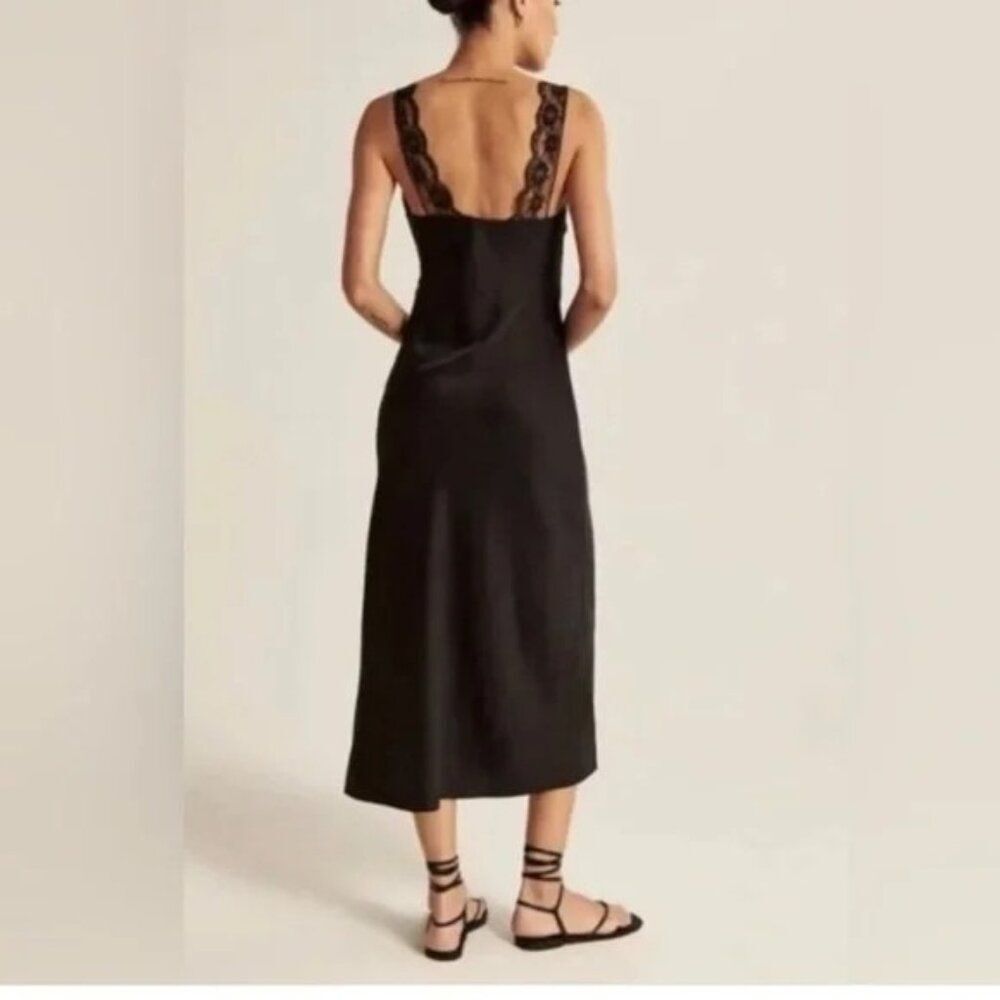 Abercrombie and Fitch Black Satin Lace Slip Midi Dress Size Medium - Picture 3 of 9